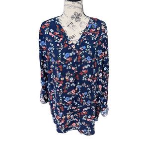 Brina & Em Women’s Blue Floral 3/4 Sleeve Lemmy V-Neck Flowy Blouse Top Size L
